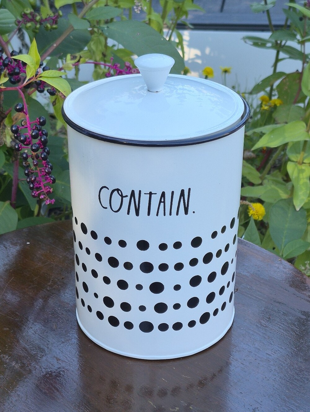White Canister with 'CONTAIN.' Text and Black Polka Dots..Rae Dunn